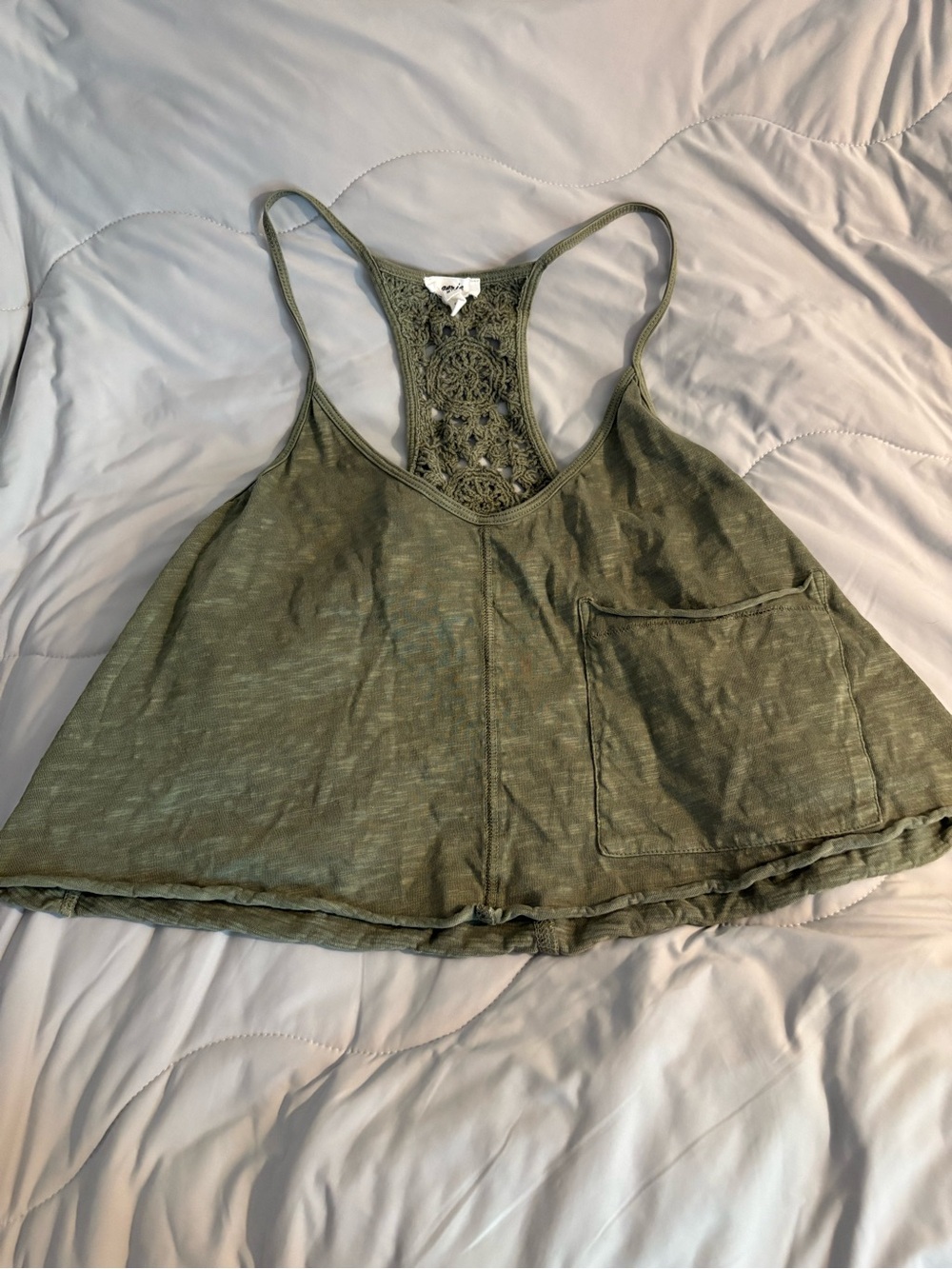 Aerie Summer House Crochet Back Cropped Tank Top Medium Olive Fun